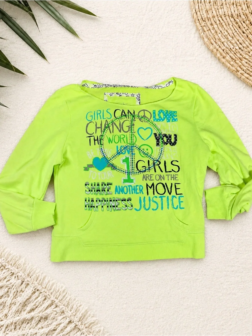 Y2K Girls' Justice sz 10 Lime Green Graphic Pullover Sweatshirt kangaroo pockets